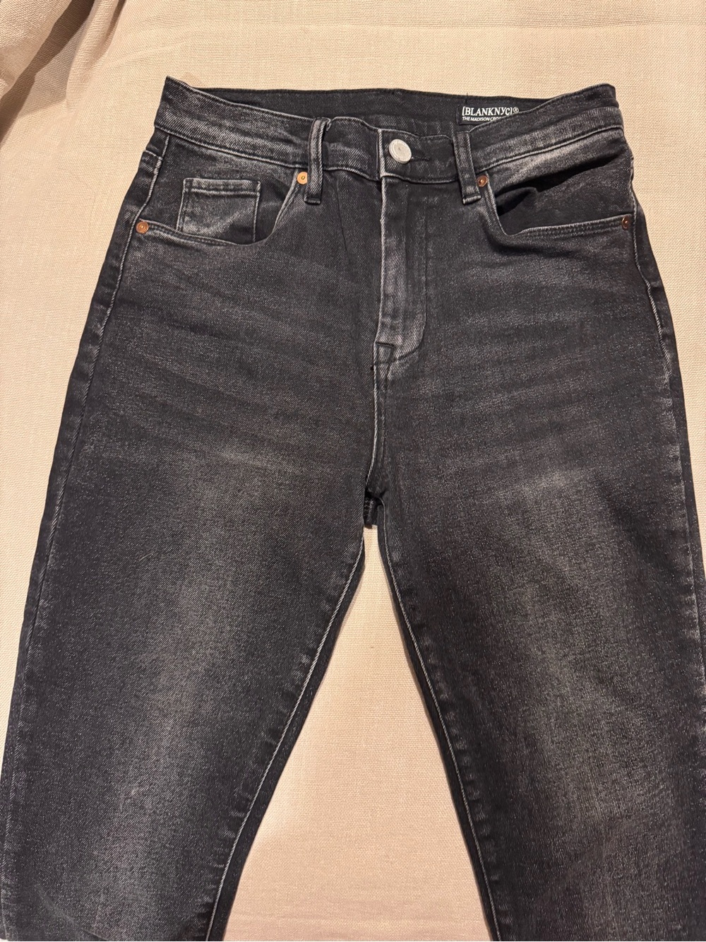 BLANKNYC Madison Crop High-Rise Jeans | Black Raw Hem Stretch Denim - size 27